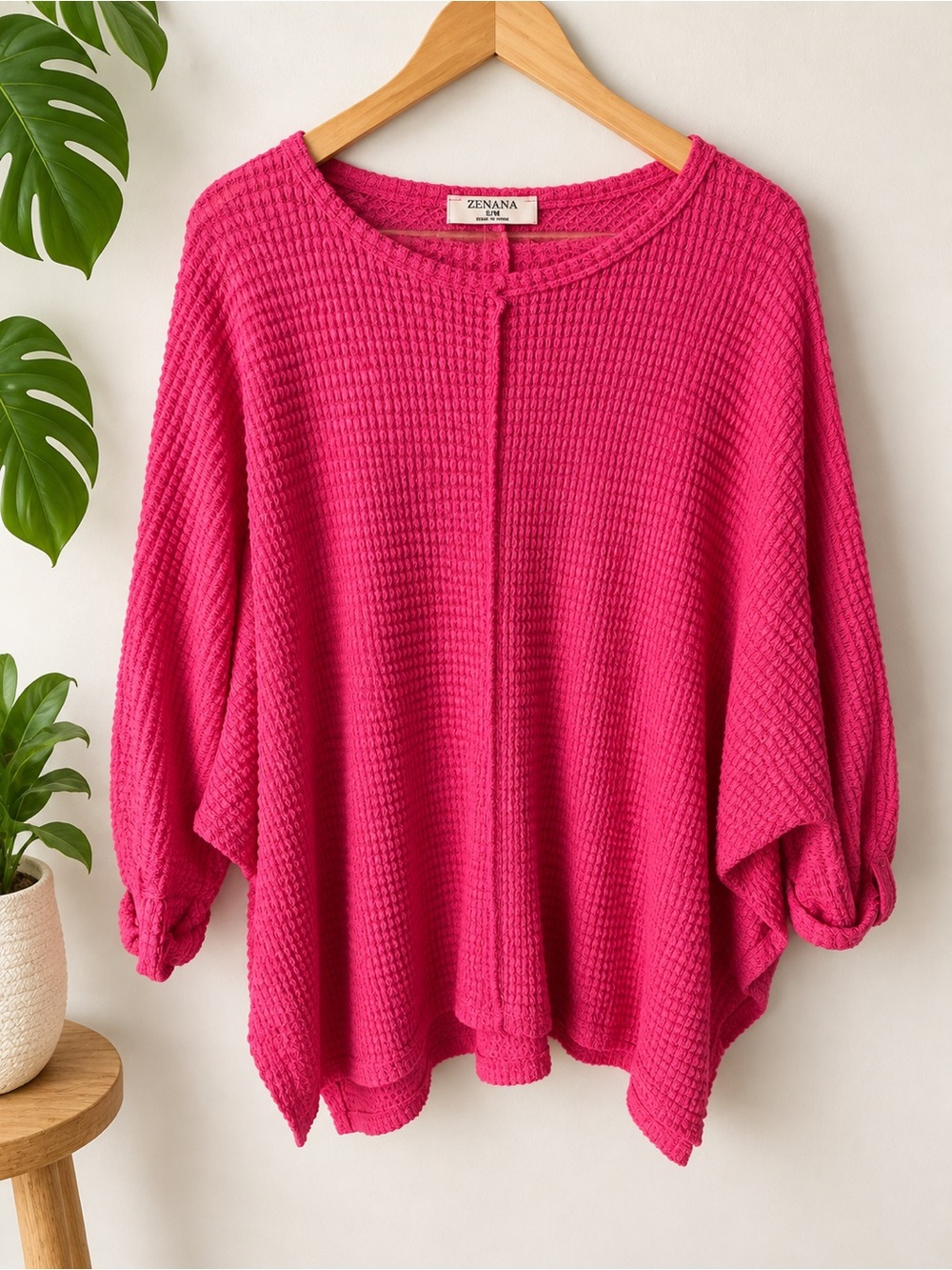 Zenana Pink Oversized Waffle Knit Dolman Top Size Small/Medium